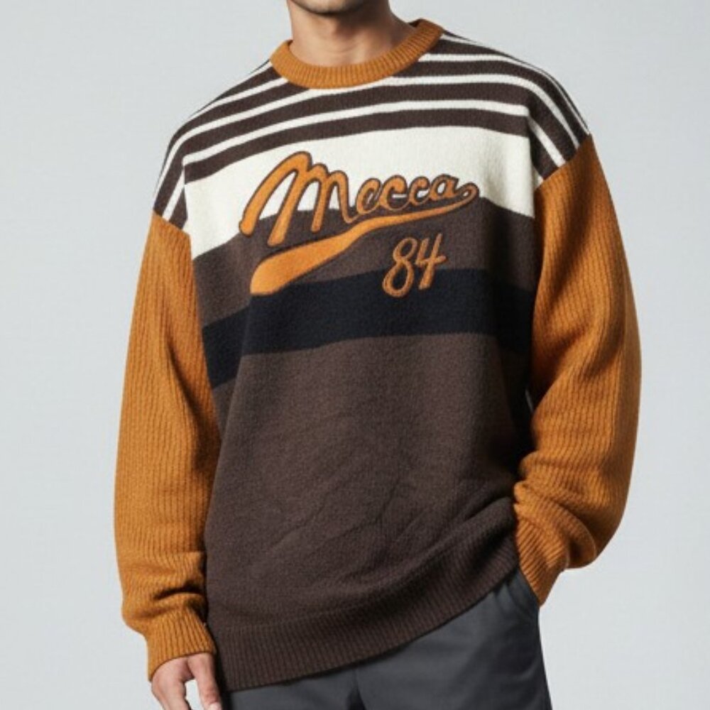 Mecca 84 Sweater Mens Large Vintage Knit Striped Brown Orange Streetwear Retro